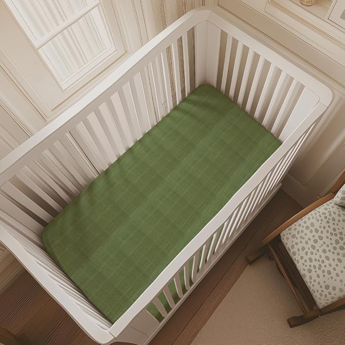 Salt Earth 100% Organic Cotton Muslin Standard Fitted Crib Sheet, 52"x28", 2 Pack Soft Breathable Natural Cotton Sheets Baby Mattress Bed Sheets, No Slip Baby Christmas Crib Sheets (Green & Rust)
