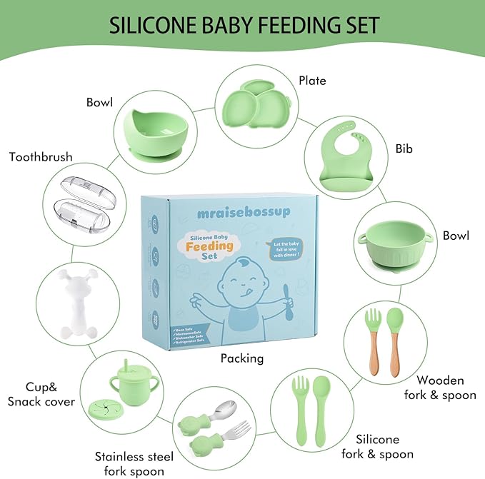 mraisebossup Silicone Baby Feeding Set 15 Pcs，Baby Spoons Suction Bowl Divided Plate Bib Cup Finger Brush Training cups,Baby Led Weaning Supplies（green）