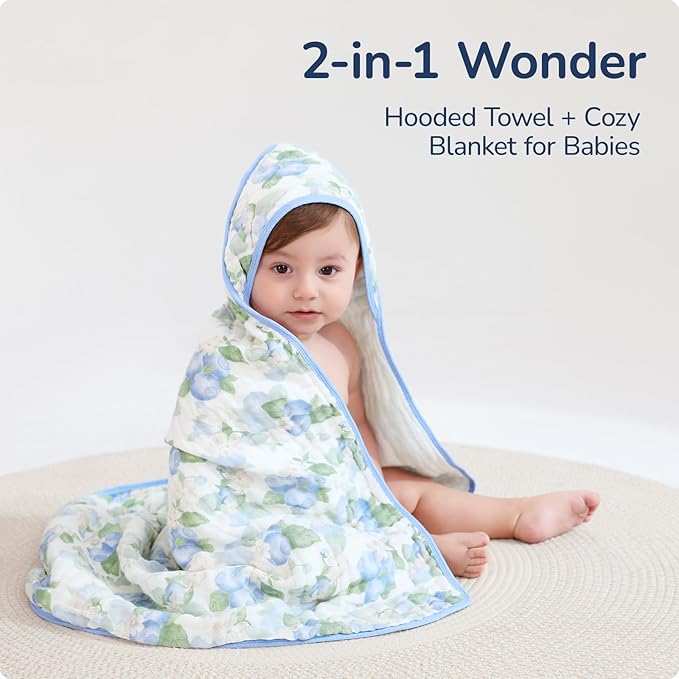 Muslin Hooded Baby Towels 2 Pack, Ultra Soft & Absorbent Baby Bath Towels, Bath & Beach Essentials, Shower Gifts for Newborns, Babies, Infant, Toddler - 32x32 Inch (Blueberry & Watermelon)