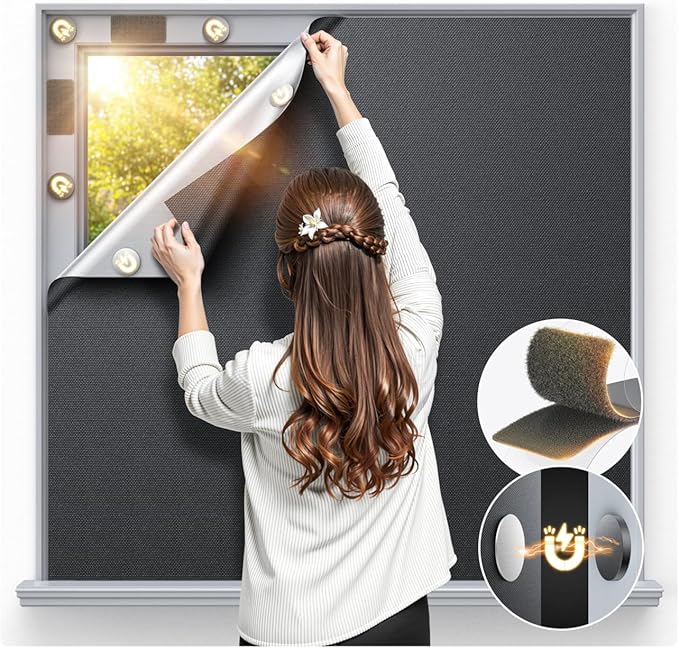 Magnetic Blackout Window Cover 40" x 58" Portable Blackout Curtains for Bedroom, Temporary Black Out Shades Window Privacy Film No Drill Black Out Blinds for Baby Nursery Travel Skylight - Blacks