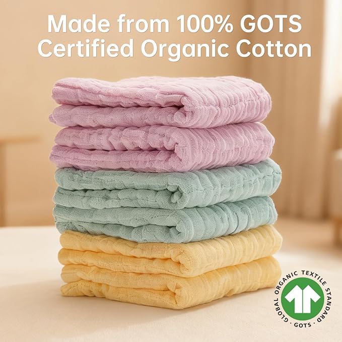 Bear Rocket Organic Muslin Baby Washcloths 6 Pack Baby Bath Face Towel 12x12 Inch Extra Absorbent and Soft Burp Cloth and Wash Cloths for Newborn-Infants On Sensitive Skin (Yellow Green Pink)