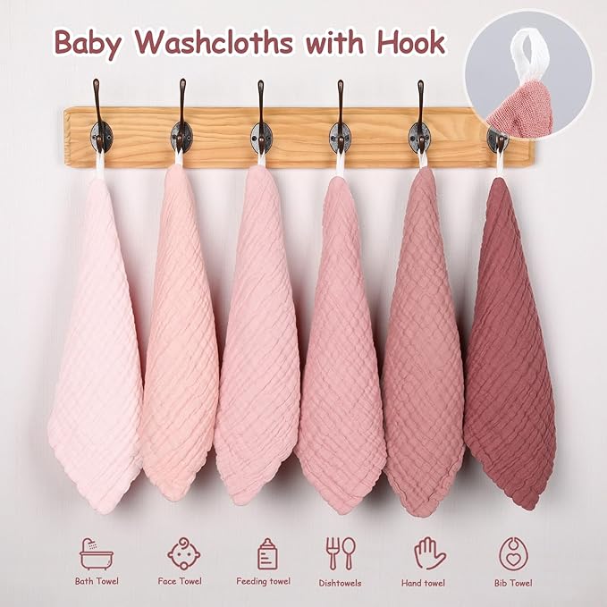 Looxii Muslin Baby Washcloths 6 Pack, 100% Cotton Baby Wash Cloths for Baby Face Body, 12x12 inches Large Soft Absorbent Face Towels for Newborns Gradient Pink