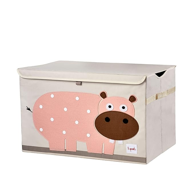 3 Sprouts Large Toy Chest for Kids with Lid and Handles - Collapsible Toy Storage Bin/Trunk/Box/Basket Organizer for Boys & Girls Playroom, Nursery, Hippo