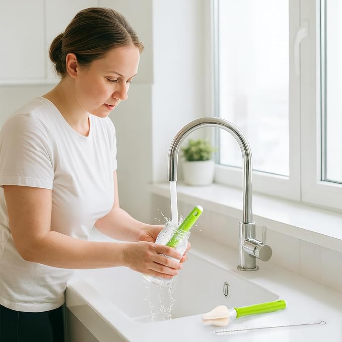 10 Pcs Sponge Bottle Nipple Brushes,4 Sponge Nipple Brushes for Baby Bottles, 4 Replacement Heads and 2 Pcs 7.87" Straws for Cleaning,Green