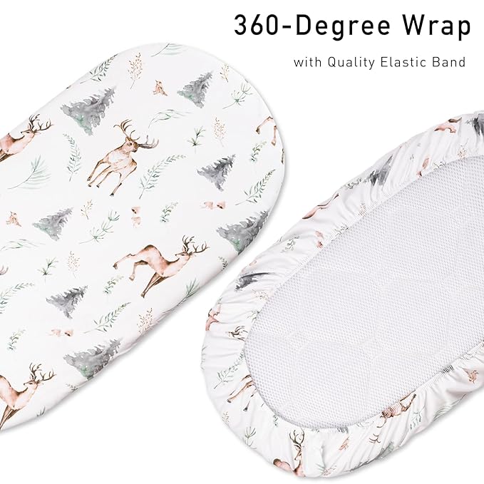 Gllquen Baby Bassinet Sheets Set 2-Pack, Breathable Cozy Bassinet Fitted Sheet Universal Fit Standard Mattress Oval Rectangle Cradle Baby Sheets for Baby Boy Girls Unisex 32"x16" (Reindeer)