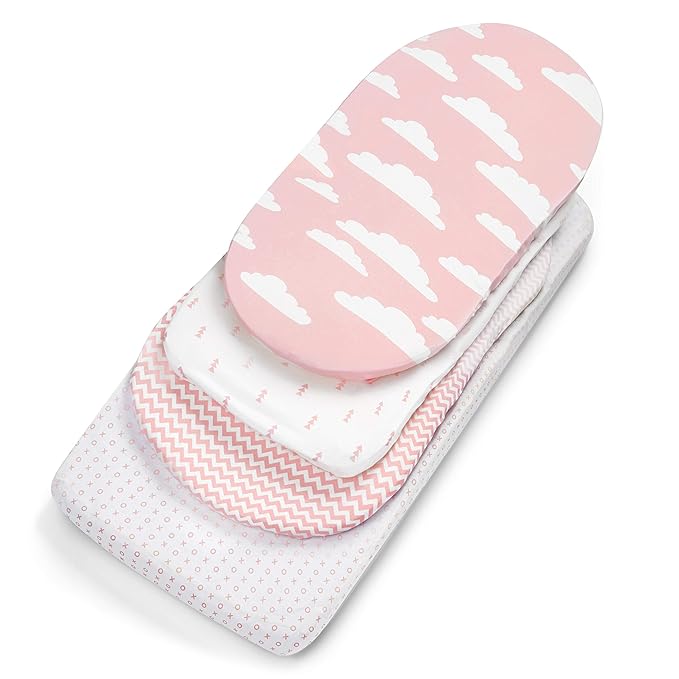 BaeBae Goods Premium Bassinet Fitted Sheet Set - 4 Pack 100% Jersey Knit - Standard Size Oval or Halo Bassinet Pads - Pink Floral