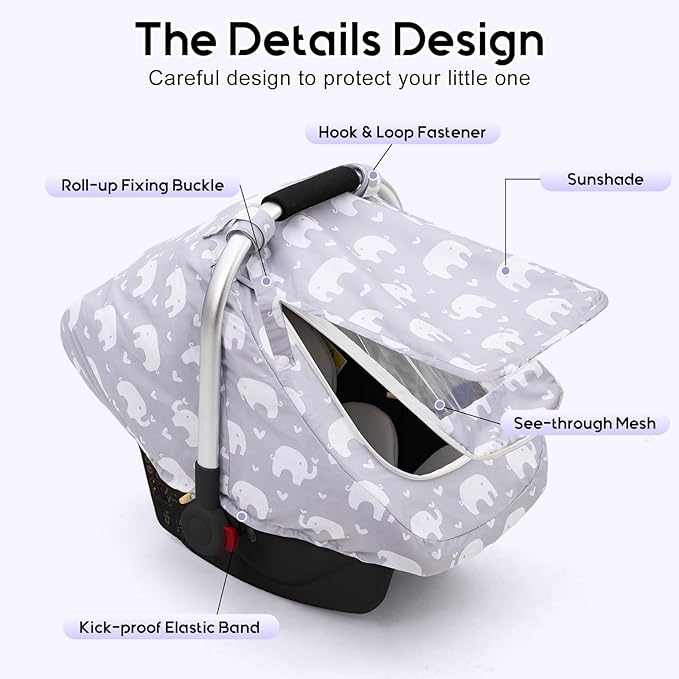 Baby Car Seat Cover, Mink Dot Infant Car Seat Cover for Girls Boys, Universal Carseat Cover with Mesh Peep Window & Sun Shade, Breathable Baby Carrier Canopy Cover for Spring Autumn