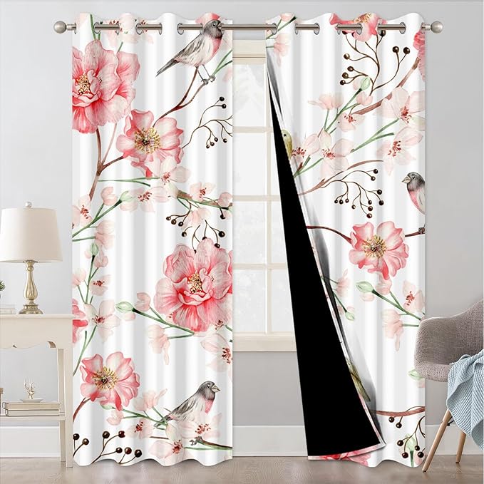 Blackout Curtains for Bedroom 84 Inches Long, Birds and Pink Floral Soundproof Blackout Curtains for Girls Room, Light Filtering Thermal Insulated Black Out Grommet Drapes 84 Inch Length 2 Panels Set