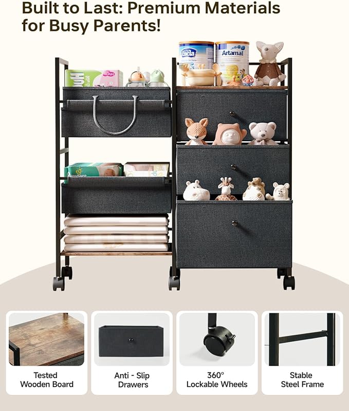 2-in-1 Baby Diaper Caddy Organizer and Storage-3 Tier Rolling Baby Cart with Dividers and Drawers, Baby Essentials for Nursery Storage, Mobile Utility Cart with Wheels Large Capacity Easy To Assemble