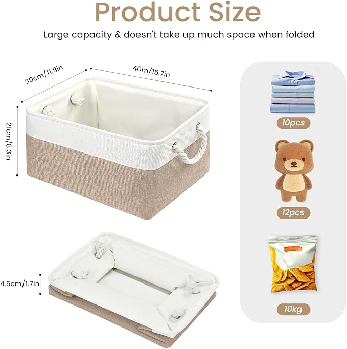 Large Storage Baskets- 15.7x11.8x8.26 inch Storage Bins for Shelves and Closet Organizing, Foldable Fabric Bin for Home Organization Clothes and Laundry (1-Pack, White&Khaki)