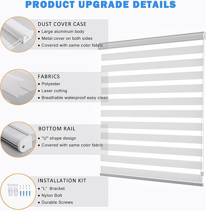 Zebra Roller Shades, Dual Layer Roll Up Blind for Living Room, Semi Sheer Shades Window Privacy Light Control for Day and Night, (Maximum Height 72inch, White Color, Width 30 inch)