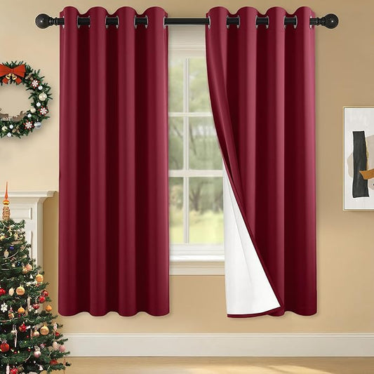 100% Blackout Curtains 63 Inch Length for Bedroom Living Room, Grommet Thermal Insulated Room Darkening Drapes, Light Blocking Window Treatment Decor, 2 Panels, 54x63, Burgundy Red