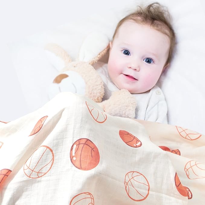 70% Rayon Made from Bamboo 30% Cotton Muslin Swaddle Blanket, 47 x 47 Inches, Basketball Print Baby Receiving Blanket, Soft and Breathable, Unisex, 2 Pack