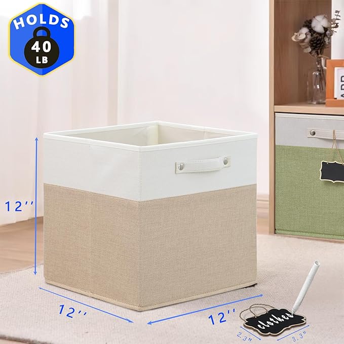Foldable Fabric Storage Cubes with Labels, Linen Cube Storage Organizer Bins for Kallax Storage - Set of 4 (12 x 12) in White Khaki