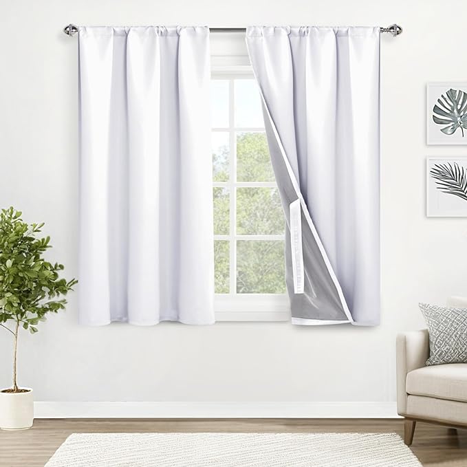 XWZO White 100% Blackout Curtains with Tiebacks- 2 Thick Layers Completely Shaded Rod Pocket & Back Tab Thermal Insulated Lined Drapes for Bedroom/Laundry, W42 x L45, Set of 2 Panels