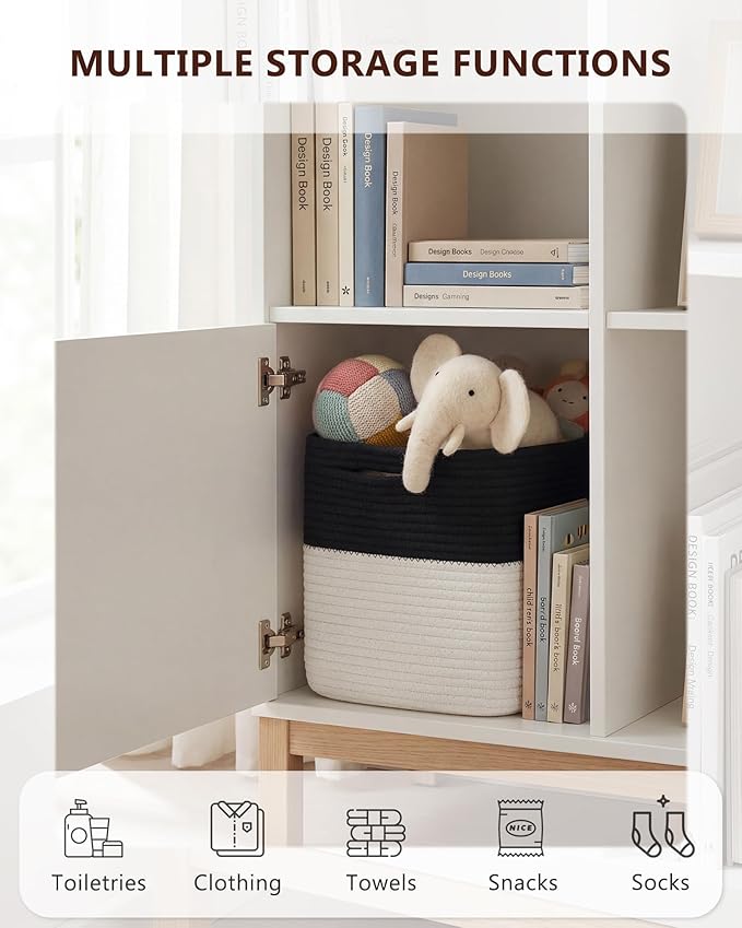 Cube Storage Bin 11" x 10.5" x 10.5" Cotton Rope Basket Square Woven Storage Basket for Shelves, Closet Organizer, Soft Towel Sock Basket, Black/White, 2 Pack