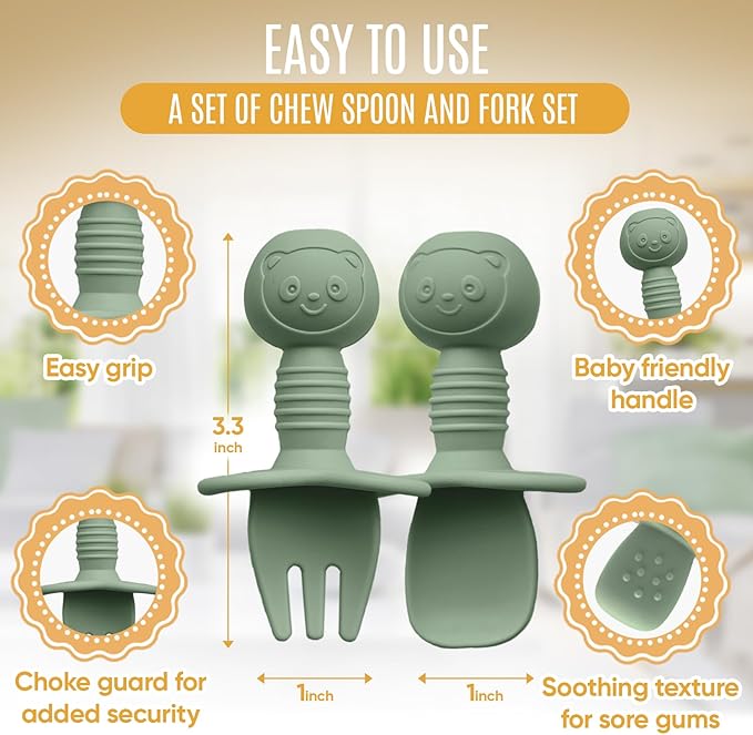 HippoBaby 4pc Silicone Baby Spoons Self Feeding Baby Utensils 6-12 Months - 3 Baby Spoon - 1 Baby Fork - Toddler Cutlery Set - BPA Free, Dishwasher Safe - Baby Eating Essentials (Turquoise/Pickle)