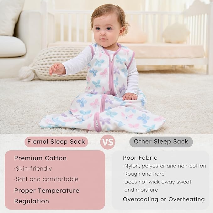 FIEMOL Baby Sleep Sack 12-18 months, 100% Cotton Sleeping Sack for Toddler, 3 Pack Baby Wearable Blanket, 0.5 Tog Lightweight Double Zipper Sleep Bag Large Pink Butterfly Flower