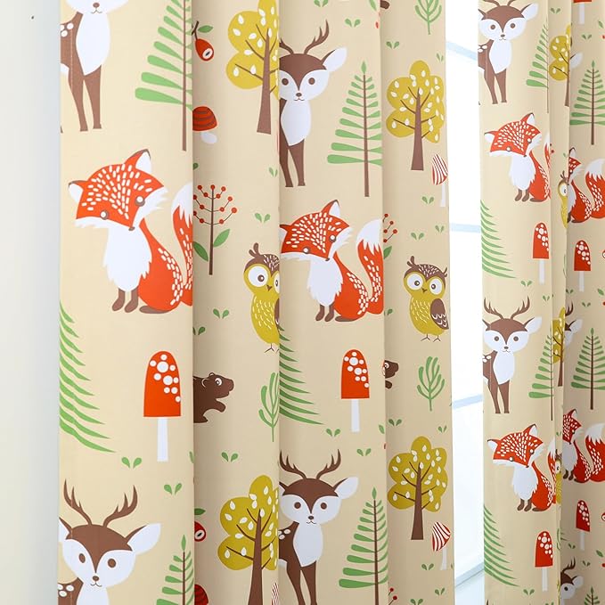 L.Z.E Cream Kids Curtains for Bedroom Nursery, 85% Room Darkening Blackout Thermal Insulated Drapes for Boys Girls Room, Beige Forest Animal Print Design Grommet Top 2 Panels Set, 52 x 84 Inch
