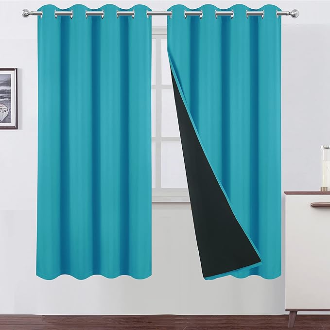 LEMOMO 100% Blackout Curtains 52 x 72 Inch/Teal Curtains 2 Panels with Black Lining Room Darkening Thermal Insulated Bedroom Curtains
