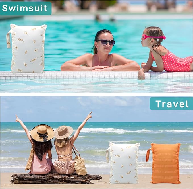 Wet Dry Bag 2pcs Waterproof Reusable Wet Bag for Swimsuits, Baby Cloth Diaper, Travel, Beach, Pool, Bathing Suit, Gym Wet Clothes (Orange Leaf)