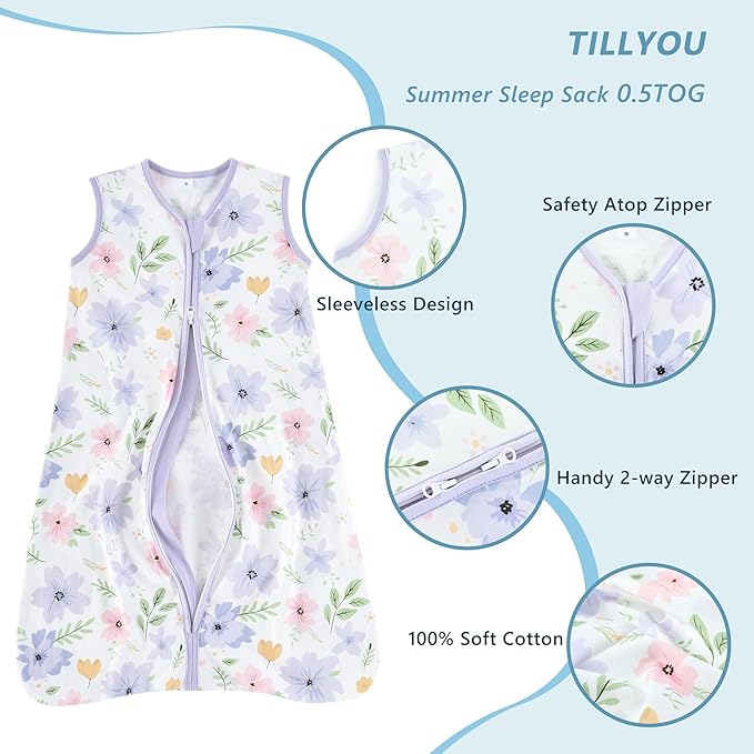 TILLYOU 2 Pack Baby Sleep Sack 18-24 Months 100% Cotton Wearable Blanket 0.5 TOG Sleeveless Summer Sleep Sacks with 2-Way Zipper, Brilliant Little Flowers and Purple