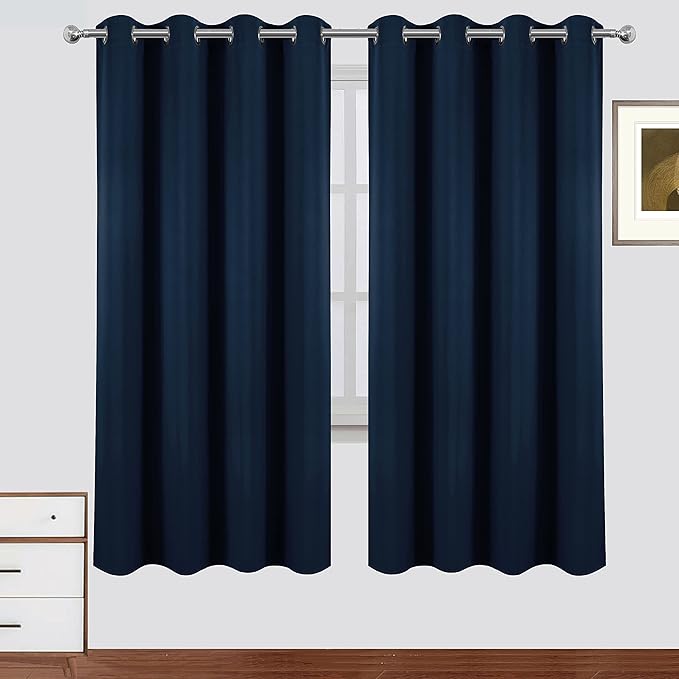 LEMOMO 100% Blackout Curtains 52 x 72 Inch Navy Blue Curtains 2 Panels Darkening Thermal Insulated Bedroom Curtains