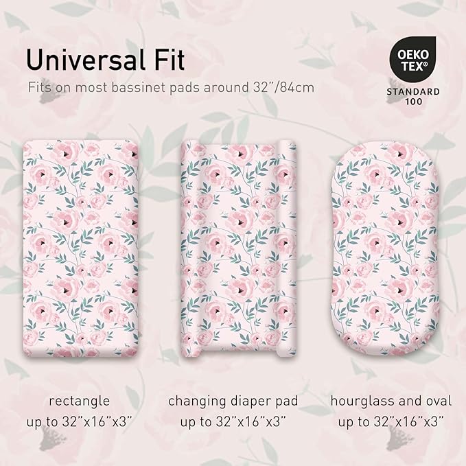 Gllquen Baby Bassinet Sheets Set 2-Pack, Breathable Cozy Bassinet Fitted Sheet Universal Fit Standard Mattress Oval Rectangle Cradle Baby Sheets for Baby Boy Girls Unisex 32"x16" (Pink Flower)