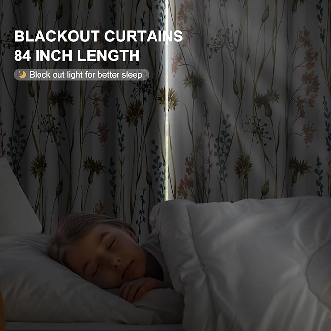 Floral Blackout Curtains for Bedroom and Living Room, Black Out Window Curtains 84 Inch Long 2 Panels Set, Grommet Room Darkening Soundproof Privacy Thermal Insulated Blackout Curtains for Winter