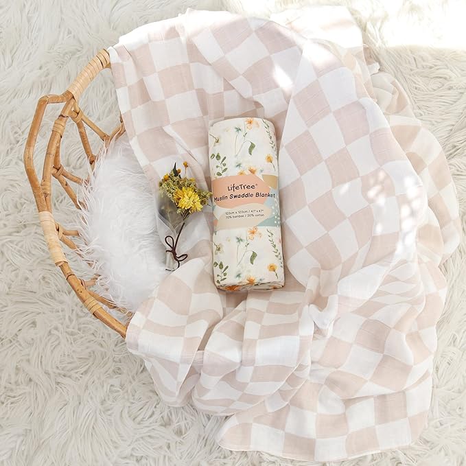LifeTree Muslin Swaddle Blankets for Baby Girl, 2-Pack 70% Viscose from Bamboo and 30% Cotton Large Swaddle Blankets (47" x 47"), Floral & Dusty Pink Checkered