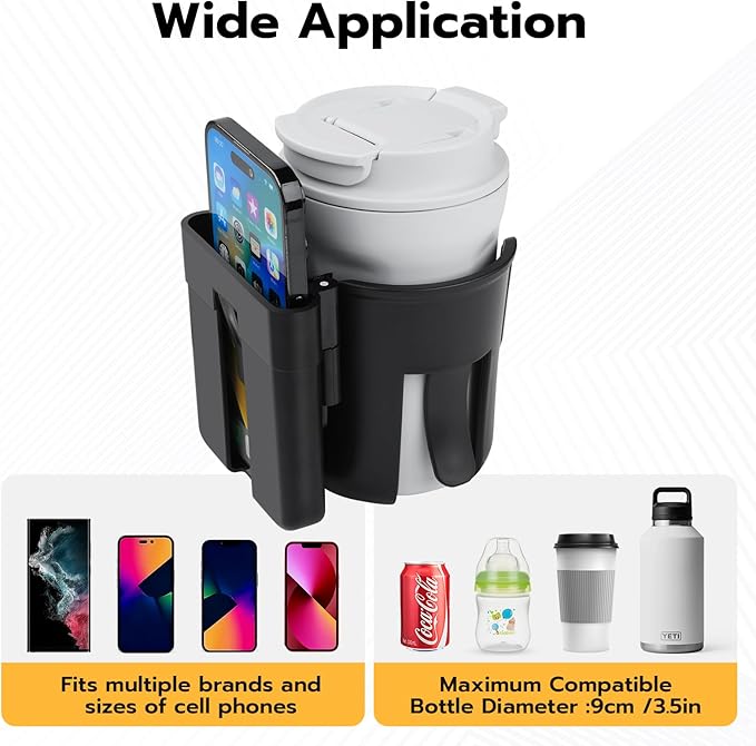 2pc Stroller Cup Holder with Phone Holder, Removable 2-in-1 Drink Holder for Golf Cart Accessories, 360 ° Rotatable Bottle Holder for Wheelchair, Stroller, Bicycle,Scooter, Walker