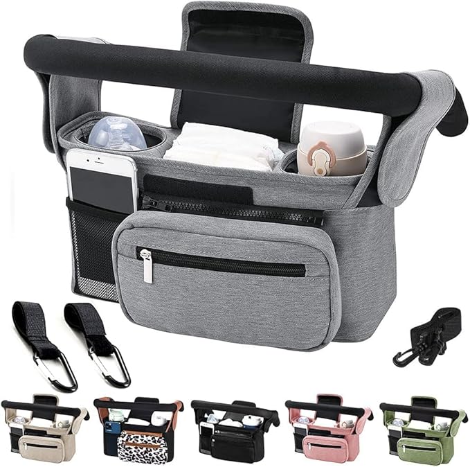 Baby Stroller Organizer, Universal Stroller Organizer with Detachable Phone Bag, Stroller Caddy with 2 Insulated Cup Holders, Buggy Organizer Bag with 2 Hooks Fits Most Strollers (Grey)