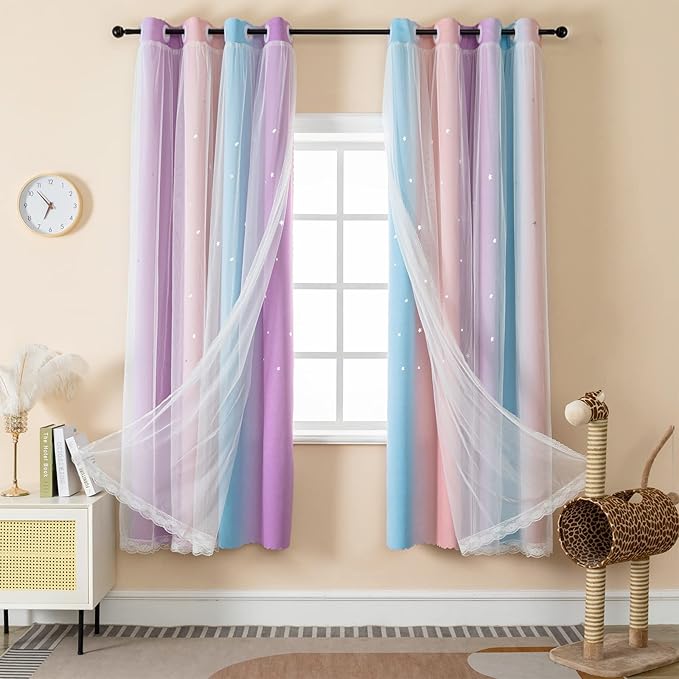 Curtains for Girls Bedroom Purple and Pink Kids Curtain Star Cutout Rainbow Curtain for Girls Room Decor Window Nursery Curtains 63 inches Long Room Darkening Grommet, 2 Panels, W42 x L63