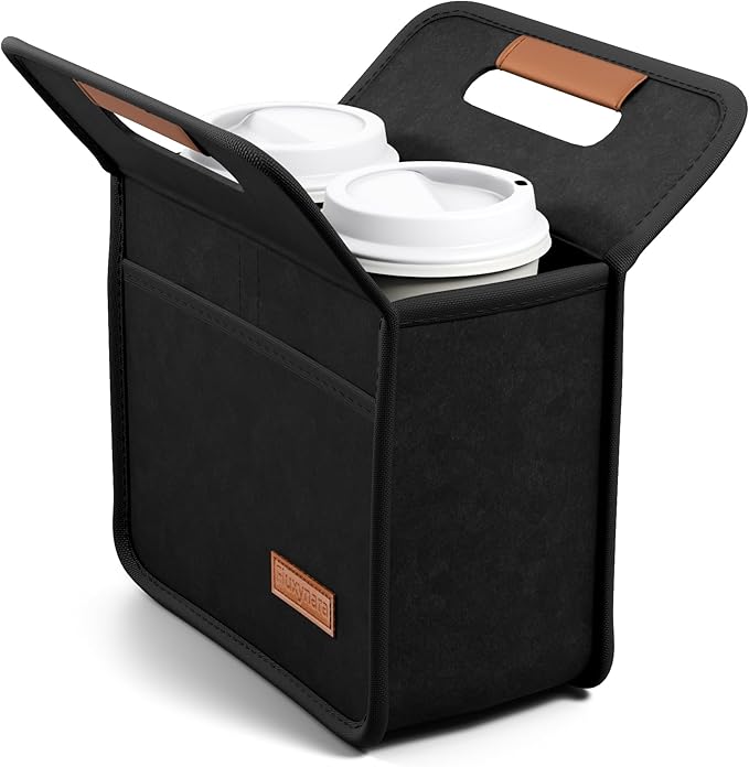 Fluxynara 2-Cup Reusable Felt Drink Carrier with Handle and Adjustable Shoulder Strap, Drink Holder for Car, Multi-Cup Drink Carrier Bag for Delivery, Travel, Picnics (Black)