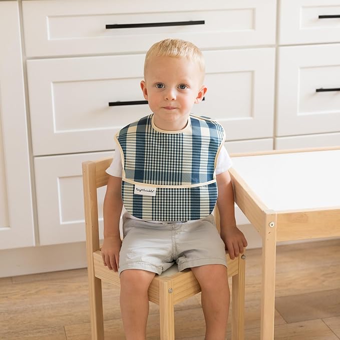 Tiny Twinkle Mess-Proof Baby Bibs for Eating | Waterproof, Wipeable Toddler Bibs with Catch-All Pocket | Feeding Bibs for Girls & Boys(3 Pack,Gingham,Grid)