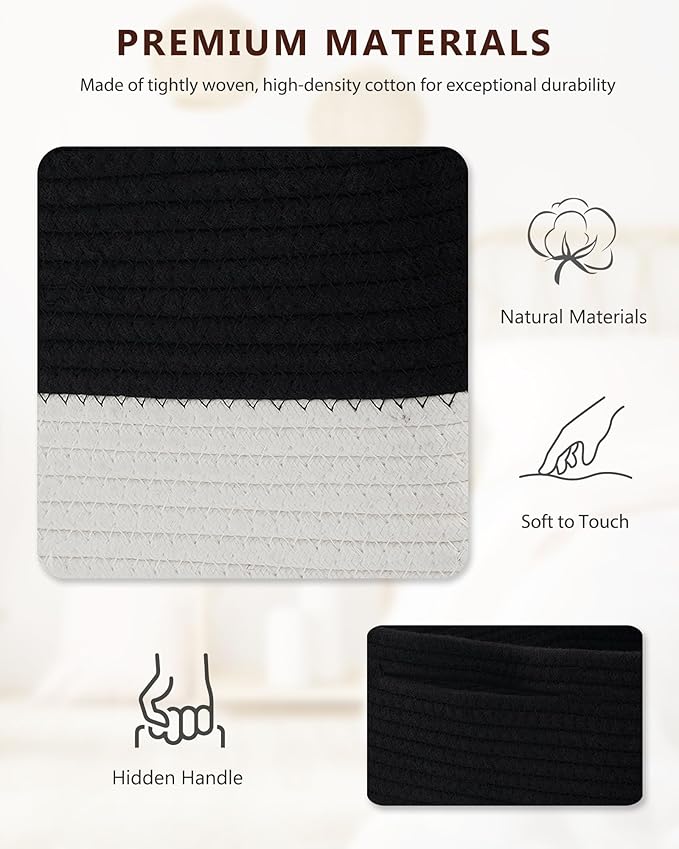 Cube Storage Bin 11" x 10.5" x 10.5" Cotton Rope Basket Square Woven Storage Basket for Shelves, Closet Organizer, Soft Towel Sock Basket, Black/White, 3 Pack