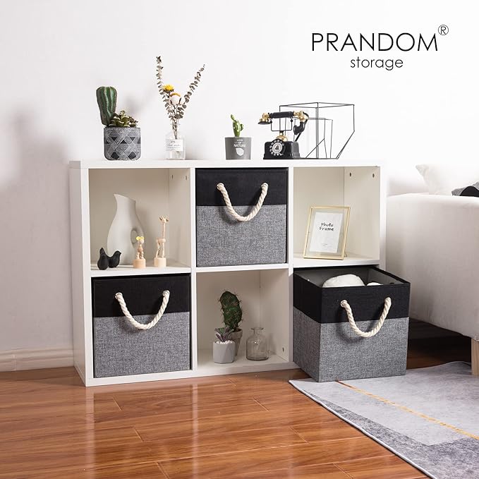 PRANDOM Large Foldable Cube Storage Bins 11x11 inch [2-Pack] Fabric Linen Storage Baskets Cubes Drawer with Cotton Handles Organizer for Shelves Nursery Closet Bedroom Black