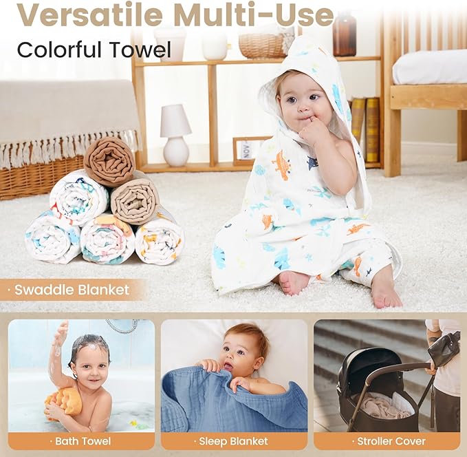 Hooded Baby Towels for Newborn, 2 Pack 36x36 Inch Muslin Cotton Baby Bath Towel and 12x12 Inch Washcloth Set with Hood for Babies, Toddler and Kids, Essentials Must Haves (White and Coffee)