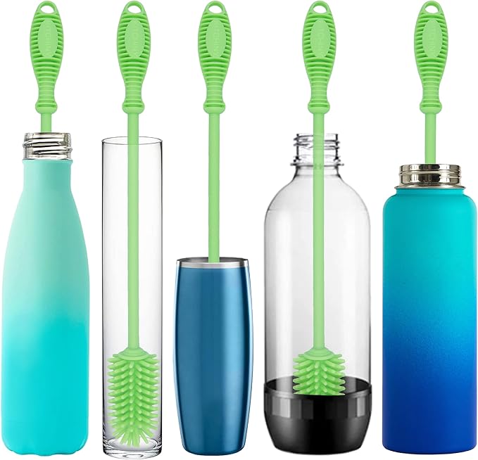 Kitchiny 12.5" Silicone Bottle Brush & Straw Cleaner Brush Set | Water Bottle Cleaner for Hydro Flasks, Tumblers, Glassware, Vases and Narrow Neck Containers