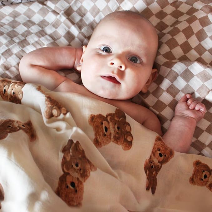 LifeTree Muslin Swaddle Blankets, Baby Swaddling Wrap Nursery Blanket Unisex, Soft 70% Viscose from Bamboo and 30% Cotton, Large 47 x 47 inches, Bear & Checkered Swaddle Blanket