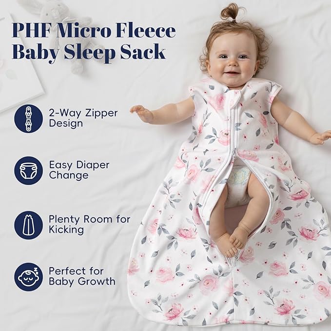 PHF Warm Micro-Fleece Baby Sleep Sack 12-18 Months, Soft Baby Wearable Blanket, 2-Way Zipper Sleeping Bags, 2 Pack Comfy Toddler Sleeping Sack for Boys, Large Size, Floral