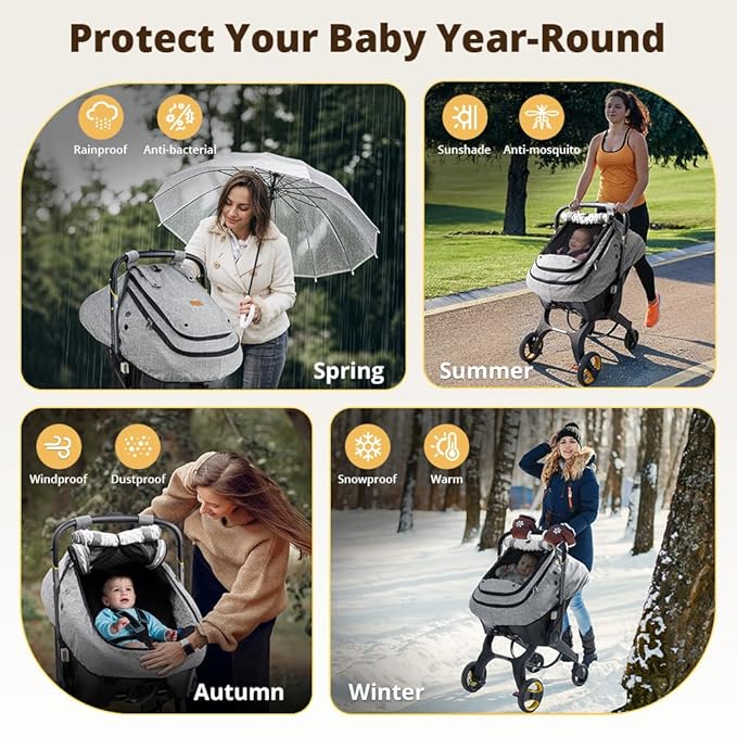 Bioby Waterproof Baby Car Seat Cover, Infant Car Seat Cover for Boy Girl, Roomy Cozy Windproof Sun Protection Baby Carseat Covers Canopy with Breathable Net and Holes, Universal Fitted Gray