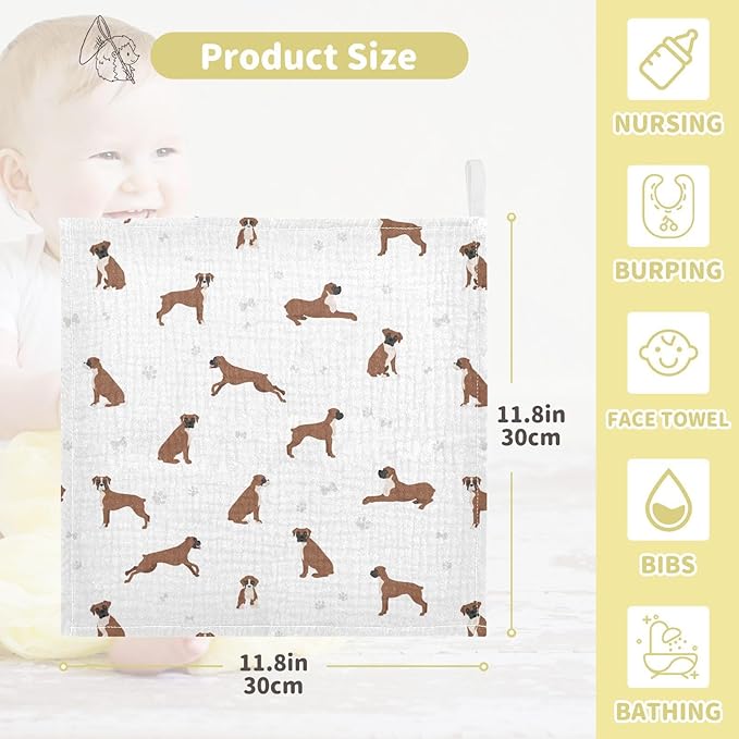 vvfelixl Baby Cotton Washcloths Boxer Dog Infants Bath Towel for Unisex Puppy Face Towels for Newborn, Natural Baby Wipes Delicate Skin, 11.8 X 11.8 inch, one sizex3