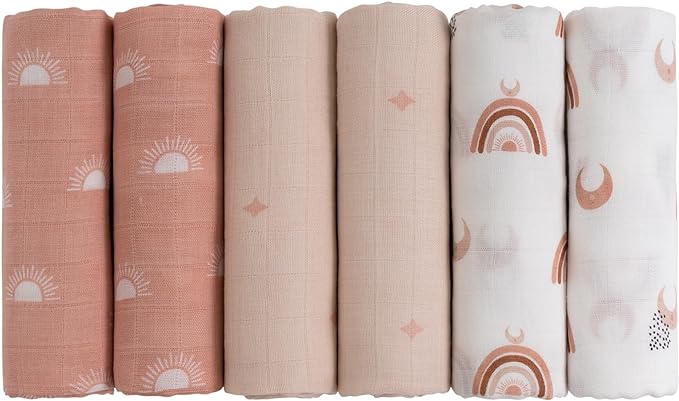 GLLQUEN BABY Receiving Blanket Boy Cotton Muslin Swaddle Blankets Girl Newborn Squares Breathable & Soft Thin Baby Blankets Cloths Double Absorbent Infant Swaddling Wrap - 6 Pack (Sun)