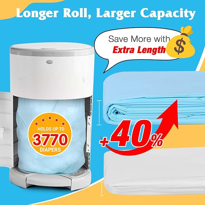 5 Pack Diaper Pail Refill Bags Compatible with Dekor Classic Diaper Pail, 40% Extra Length Refills Holds up to 3200 Diapers, Thickened Multi-layer Odor Control (Baby Scent)
