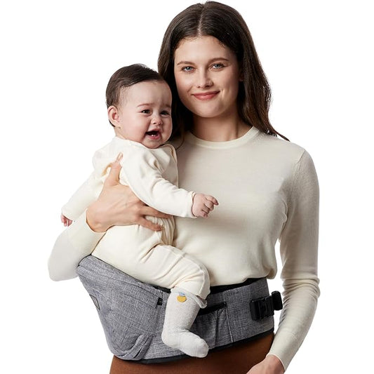 Momcozy Hip Seat Baby Carrier - Adjustable Waistband with Original 3D Belly Protector & EVA Massage Board, Ergonomic Carrier with Various Pockets for Newborns & Toddlers up to 45lbs (Grey, Large)