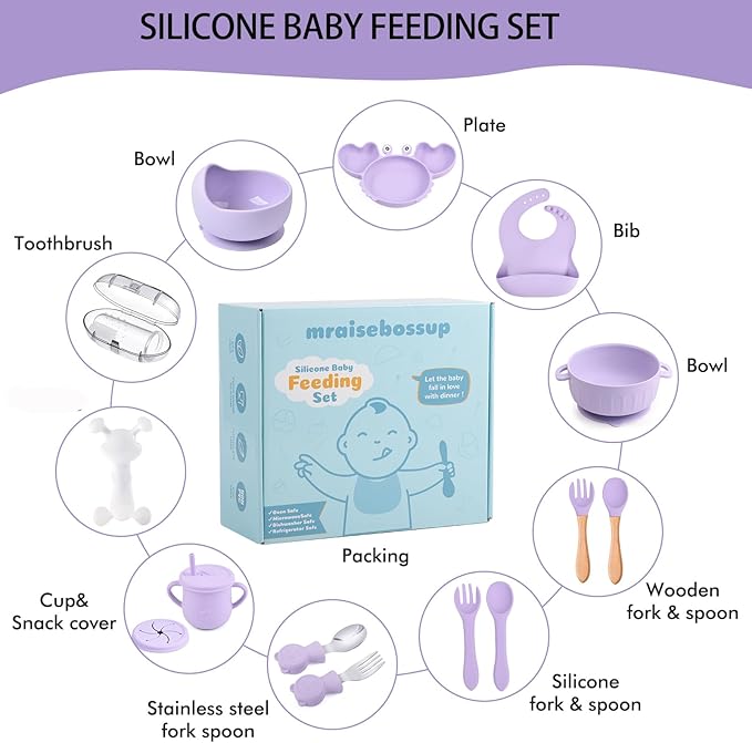 Silicone Baby Feeding Set 15 Pcs，Baby Spoons Suction Bowl Divided Plate Bib Cup Finger Brush Training cups,Baby Led Weaning Supplies,Baby Plates，Toddler Feeding Plates and Bowls Set（purple）