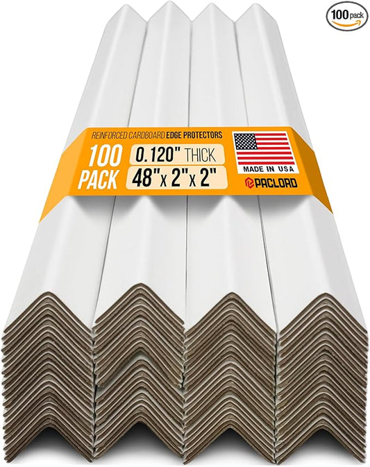 48" x 2" x 2" Reinforced Cardboard Edge Protectors, White (Pack of 100) – 0.12" Thick Medium-Duty Cardboard Corner Protectors for Shipping – American Quality V-Board Pallet Edge Guard