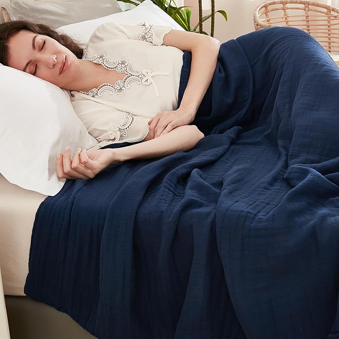 EMME Muslin Blanket 100% Cotton Twin Blankets for Couch Breathable Gauze Blanket All Season Soft and Lightweight Pre-Washed (Navy, 60"x80")