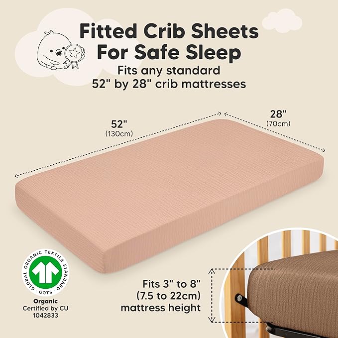 KeaBabies 2-Pack Muslin Crib Sheets for Boys, Girls - 100% Organic Cotton Fitted Baby Crib Mattress Sheet, Soft Breathable Standard Toddler Bed Cover Bedding Set, Neutral, Durable 52x28 (Russet)
